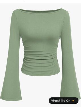 Ruched Boatneck Long Sleeve Top in Sage Green